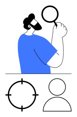 Büyüteçle bakan adam incelemeyi sembolize ediyor. Ek hedef ve insan sembolleri içerir. Arama, analiz, soruşturma, kesinlik, odaklanma, araştırma dikkati için ideal