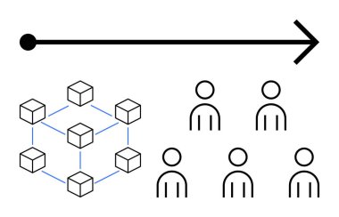 Kara ok gelişimi ve büyümeyi simgeler. Küpler ağ düğümlerini birbirine bağlı çizgilerle temsil eder. Basit insan ikonları takımı ya da topluluğu tasvir eder. Takım çalışması, ağ oluşturma, büyüme ve ilerleme için ideal