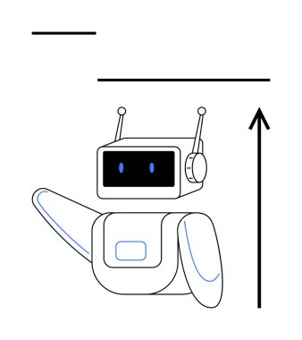 Ekran yüzlü bir robot ve ok ile yukarıya bakan antenler. Teknoloji, yenilik, yapay zeka, gelecekteki kavramlar, robotik, iletişim, büyüme için idealdir. Satır metaforu