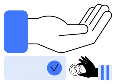 Kontrol damgası ve madeni para unsurları ile el açık, finansal işlemler, onay süreçleri, ödemeler, bağışlar, bankacılık işlemleri, iş anlaşmaları ve güvenilirliği temsil etmek için ideal