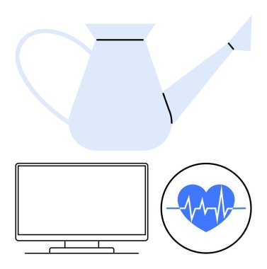 Bahçıvanlık için sulama kutusu, teknoloji için bilgisayar monitörü ve sağlık ve refahı gösteren kalp atışı sembolü. Yaşam tarzı, sağlık, teknoloji, bahçıvanlık, sağlık, verimlilik için ideal