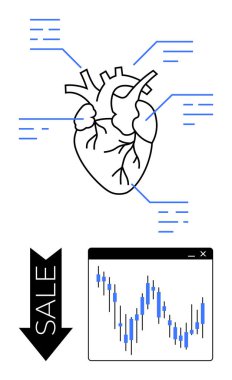 Veri çizgileri olan insan kalbi, aşağı doğru satış oku ve dalgalanan çubuklu borsa grafiği. Sağlık analizleri, tıbbi araştırmalar, veri bilimi, finansal krizler, ekonomik analizler için ideal