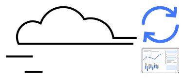 Siyah bulut simgesi, senkronizasyonu gösteren mavi dairesel oklar ve grafik ve grafiklerle birlikte analitik gösterge paneli. Bulut hesaplama, veri yönetimi, teknoloji sunumları ve bilişim hizmetleri için ideal