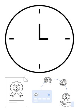 Büyük duvar saati, numaraları yok, dolar sembollü sertifikalı belge, ödeme kartı, el paraları. Finans, bütçe, zaman yönetimi, sertifika, işlemler için ideal dijital