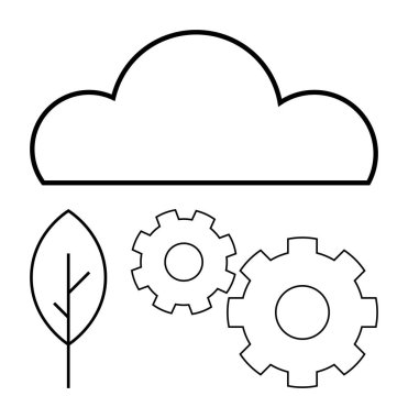 Cloud, gears, and a leaf representing technologys role in sustainable industrial growth and innovation. Ideal for technology, environment, sustainability, industry, innovation, cloud computing clipart