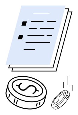 Listede işaretli ve bozuk paraların olduğu bir yığın kağıt. Finans, muhasebe, bütçe, yatırım, ekonomik planlama, mali raporlar, tasarruflar için ideal. Satır metaforu