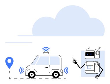 Araba robotu haritası, mavi ve beyaz renkli bulut. Akıllı navigasyon, yapay zeka, yenilik, robotik, ulaşım, gelecek teknolojisi, bağlantı için ideal. Satır metaforu