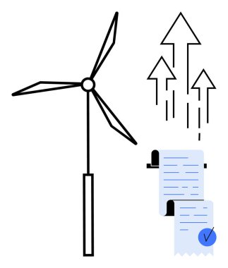 Resimde rüzgar türbini, büyümeyi temsil eden yukarı doğru oklar ve onaylanmış işaretli bir belge görülüyor. Yenilenebilir enerji temaları, finansal büyüme, çevre dostu girişimler için ideal
