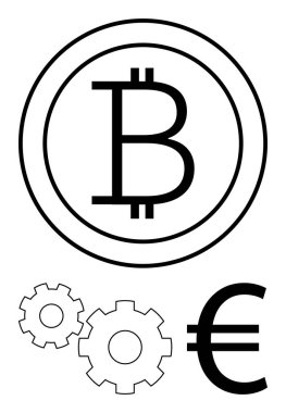 Dijital finans ve teknoloji entegrasyonunu temsil eden üç vites simgesine sahip Bitcoin ve Euro para birimi sembolleri. Kripto para birimi, engelleme zinciri, finansal teknoloji, ekonomik analiz için ideal