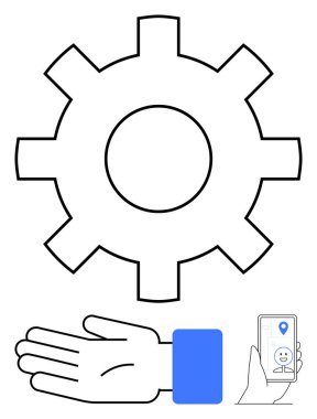 Vites gösterme ayarları, yardım için uzanmış eller ve konumu olan akıllı telefon. Teknoloji, destek, navigasyon, yardım, hizmet dijital araçları mobil entegrasyon için idealdir. Çizgi