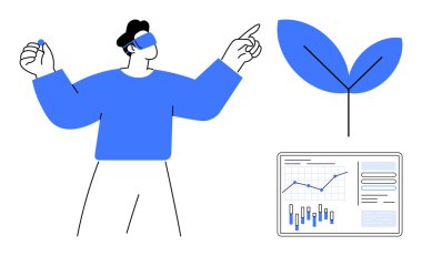 Sanal yaprak ve dijital veri tablosu ile etkileşime giren VR kulaklık takan bir adam. Teknoloji, ticaret, finans, büyüme, yenilik, sanal gerçeklik ve çevresel temalar için idealdir. Satır metaforu