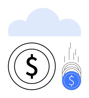 Büyük paralarla mavi bulut grafiği ve daha küçük mavi paralar dinamik bir hareketle düşüyor. Finans, dijital bankacılık, çevrimiçi işlemler, bulut hizmetleri, fintech, e-ticaret, veri