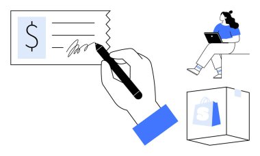 Mavi çanta amblemi olan bir alışveriş paketinin üzerinde dizüstü bilgisayar kullanan el imzalı bir kadın. E-ticaret, çevrimiçi alışveriş, uzaktan çalışma, dijital işlemler, müşteri hizmetleri, finansal