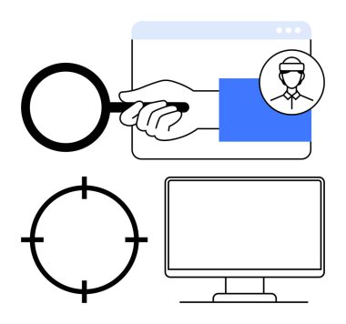 Kullanıcı profili, bilgisayar monitörü ve hedef alma reaksiyonuyla tarayıcı penceresinin üzerinde tutulan büyüteç. İşe alım, yetenek araması, çevrimiçi tarama, insan kaynakları, iş başvuruları için ideal