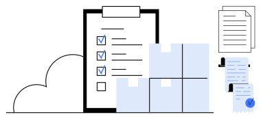 Mavi kutular, kargo kutuları, bir bulut ve çeşitli belgelerle dolu büyük bir kontrol listesi. Lojistik, depo yönetimi, teslimat, nakliye ve envanter kontrolü için ideal. Minimalist vektör biçimi