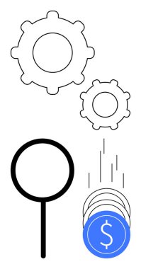 Büyüteç, iki vites ve dolar işaretli düşen paralar analizi, verimliliği ve finansal süreçleri sembolize eder. İş stratejisi, finans, üretkenlik ve mekanik araştırmaları için ideal