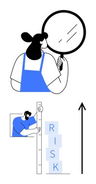 Kadın risk faktörlerini büyüteçle inceliyor, insan ölçüleri RISK bloklarını okla işaretliyor, büyümeyi simgeliyor. İş, analiz, strateji, karar verme, değerlendirme, risk için ideal