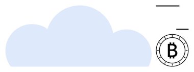 Üzerinde siyah çizgiler olan Bitcoin sembolünün yanındaki açık mavi bulut. Dijital finans, bulut depolama, kripto para birimi, çevrimiçi bankacılık, fintech, engelleme zinciri, veri güvenliği konuları için ideal. Satır metaforu