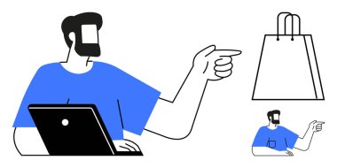 Laptop kullanan ve alışveriş torbasını işaret eden bir adam. E-ticaret, çevrimiçi alışveriş, dijital pazarlama, satış stratejileri, iş sunumları, müşteri ilişkileri, perakende sektörü için ideal. Çizgi