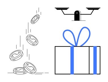 Bozuk paralar düşer, terazi dengesi ve mavi kurdeleli bir hediye. Finans, değer, ekonomi, adalet, zenginlik dağılımı karar verme yetenekleri için idealdir. Satır metaforu