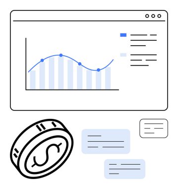 Web sitesi arayüzünde mavi çizgi ve bar çizelgesi, yüzen para sembolü, diyalog kutuları. Finansal planlama, iş stratejisi, ekonomik araştırma, yatırım içgörüleri ve piyasa için ideal