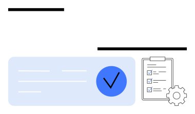 Dişli sembollü kontrol listesi, büyük kontrol işareti ve ana hatlı metin ögeleri. Üretkenlik, proje yönetimi, organizasyon, görev izleme, iş akışı optimizasyonu, iş planlama süreci için ideal