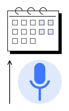 Yukarıya doğru giden mavi ok mikrofonlu takvim daire şeklinde. Üretkenlik, organizasyon, ses kontrolü, teknoloji entegrasyonu, akıllı programlama, otomasyon, iletişim için ideal. Satır metaforu