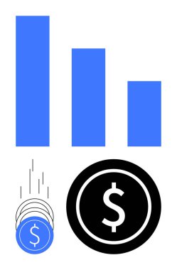 Aşağı inen üç mavi çubuk, düşen paralar ve siyah çemberde bir dolar işareti olan bar çizelgesi. Finans, işletme, ekonomi, yatırım, tasarruf bankacılığı zenginlik yönetimi için idealdir. Satır metaforu