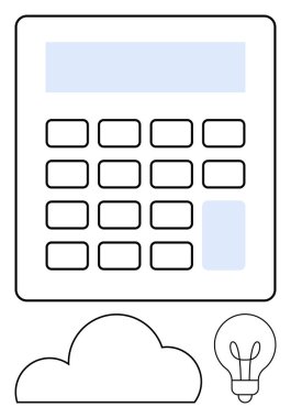 Mavi ekran ve anahtarlı hesap makinesi, bulut çizgisi, ampul çizgisi. İş stratejisi, finans, eğitim, yaratıcı düşünce, yenilik veri analizi ve bulut hesaplaması için ideal. Çizgi