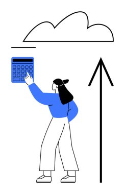 Bulutların altında hesap makinesi kullanan bir kadın. Bulut hesaplama, finansal büyüme, veri yönetimi, iş analizleri, gelecek planlama, çevrimiçi depolama, dijital yenilik için ideal