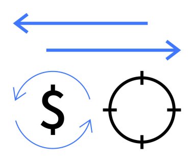 Oklarla çevrili dolar işareti, hedef sembol ve iki yatay ok. İş, finans, hedefler, yön, yatırım stratejisi verimliliği için ideal. Satır metaforu