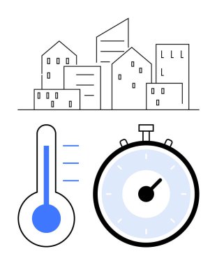 Şehir silueti termometre kronometresi. Kentsel planlama, iklim izleme, zaman yönetimi, çevre bilinci, kentsel kalkınma, iklim değişikliği, verimlilik için idealdir. Satır metaforu