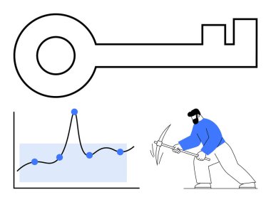 Kazmalı büyük anahtar çizgisi grafik veri madencisi. İş stratejisi, veri analizi, madencilik, güvenlik, büyüme, problem çözme, kilidi açmak için ideal. Satır metaforu