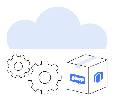 Bulut arka planı, iki mekanik vites ve e-ticaret mağazası etiketli bir teslimat kutusu. Bulut teknolojisi, e-ticaret, çevrimiçi alışveriş, nakliyat, lojistik, dijital pazarlama için ideal