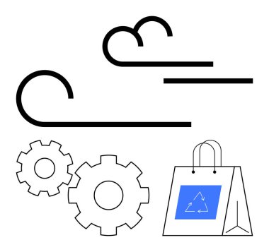 Vitesler, geri dönüşüm sembollü alışveriş çantası, rüzgar ve bulutlar. Sürdürülebilirlik, çevre dostu, yeşil teknoloji, çevre yeniliği mühendisliği ve sanayi için idealdir. Satır metaforu