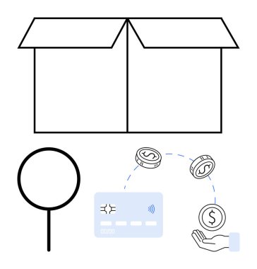 Açık kutu, büyüteç, kablosuz sinyalli kredi kartı, yükselen bozuk paralar ve el ele tutuşan bozuk para. E-ticaret, mali işlemler, çevrimiçi ödemeler, lojistik para transferi için ideal