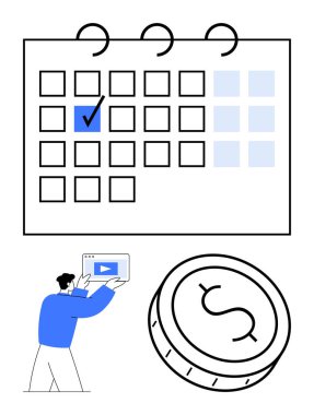 Elinde oyun düğmesi olan bir tablet, işaretli tarihi olan bir takvim ve bir dolar para tutan bir adam. Finansal planlama, planlama, bütçe, çevrimiçi eğitim, içerik oluşturma, son teslim tarihleri yatırımı için ideal