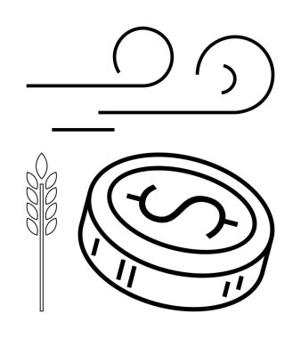 Rüzgar çizgileri, buğday sapı ve dolar işaretli bozuk para tarım, ekonomi ve çevre arasındaki uyumu temsil ediyor. Finans, tarım, sürdürülebilirlik, ekonomi çevresel etki ticareti için ideal