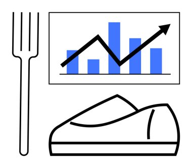 Mavi çizgileri, yükselen ok, çatal ve ayakkabısı olan büyüme grafiği. Sağlık eğilimleri, fitness hedefleri, sağlıklı beslenme, spor gelişimi, yaşam tarzı dengesi, sağlık izleme, spor motivasyonu için ideal