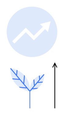 Yukarı bakan bir ok ve yükselen bir grafiğin altında mavi yapraklı bir bitki yetişiyor. Büyüme, ilerleme, başarı, sürdürülebilirlik, kalkınma, çevre dostu olma, yükselen eğilimler için idealdir. Satır metaforu