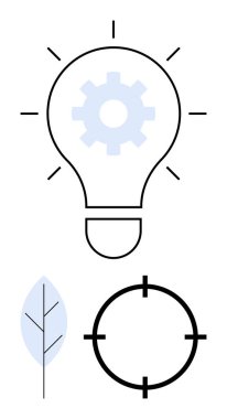 Teçhizat içeren ampul, oklu hedef çapraz gölgesi ve yeniliği, odaklanmayı ve sürdürülebilirliği simgeleyen mavi yaprak. Teknolojik gelişmeler, stratejik planlama, çevre dostu girişimler için ideal.