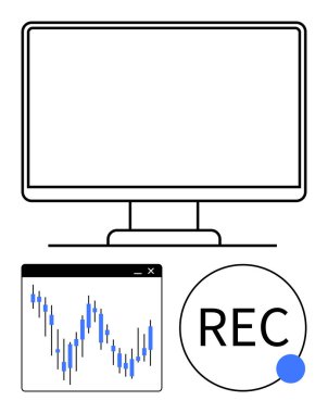 Bilgisayar monitörü, mavi noktalı kayıt çemberi, dalgalanma gösteren veri noktalarıyla grafik. Finans, teknik destek, ticaret, veri analizi, online eğitim sunumları için ideal. Çizgi