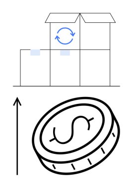 Geri dönüşüm sembollü para kutusu ve yukarı doğru bir ok işareti. Sürdürülebilirlik, geri dönüşüm, ekonomi, büyüme, kâr, çevre koruma, dairesel ekonomi için idealdir. Satır metaforu
