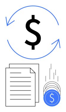 Kağıt üzerinde mavi yuvarlak oklar ve dolar işaretli bozuk paralarla çevrili dolar işareti. Finans, muhasebe, para yönetimi, bütçe, ekonomi, döviz kuru, iş dünyası için ideal