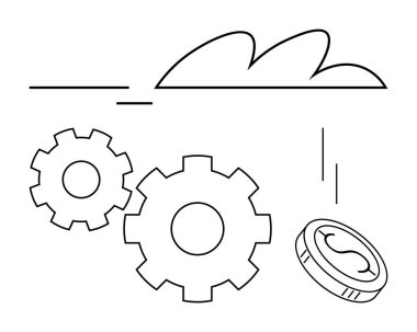 Vitesler ve sikke stilize bulutların altında yüzüyor, mekanik ve yenilikleri vurguluyor. Teknoloji, mühendislik, ticaret, finans, verimlilik, üretim temaları için idealdir. Çizgi