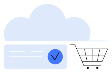 Bulut simgesi, mavi çemberde bir işaret ve e-ticareti temsil eden bir alışveriş arabası. Çevrimiçi alışveriş, bulut hizmetleri, güvenli işlemler, e-ticaret platformları, dijital pazarlama, perakende satış için ideal