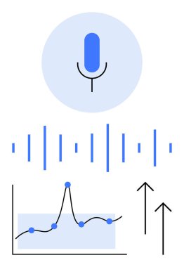 Mikrofon ses dalgaları yukarı doğru mavi noktalı oklar çiziyor. Teknoloji, ses, iletişim, analitik, ilerleme, yenilik ve büyüme için ideal. Satır metaforu