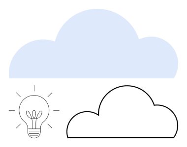 Mavi ve siyah-beyaz bulutların yanında ışık huzmelerini temsil eden çizgileri olan bir ampul. Teknoloji, yenilik, yaratıcılık, beyin fırtınası, dijital kavramlar, bulut hesaplama, eğitim için ideal