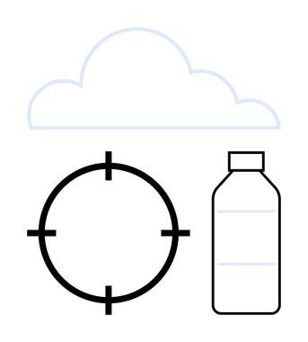 Hedef ikon ve plastik şişenin üstündeki bulut çizgisi. Çevre koruma, geri dönüşüm, kirlilik kontrolü, sürdürülebilirlik, iklim hareketi, korunma, farkındalık için idealdir. Satır metaforu