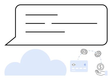 Bulut simgesi, bozuk para, kredi kartı ve el ele tutuşan para üzerinde yatay çizgileri olan bir mesaj balonu. Finans, bankacılık, bulut depolama, iletişim, çevrimiçi işlemler için ideal dijital ödemeler